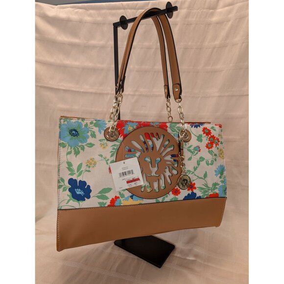 Anne Klein Floral Tote Bag Tan Faux Leather Accents & Chain Straps Lion Logo NWT - Picture 16 of 16